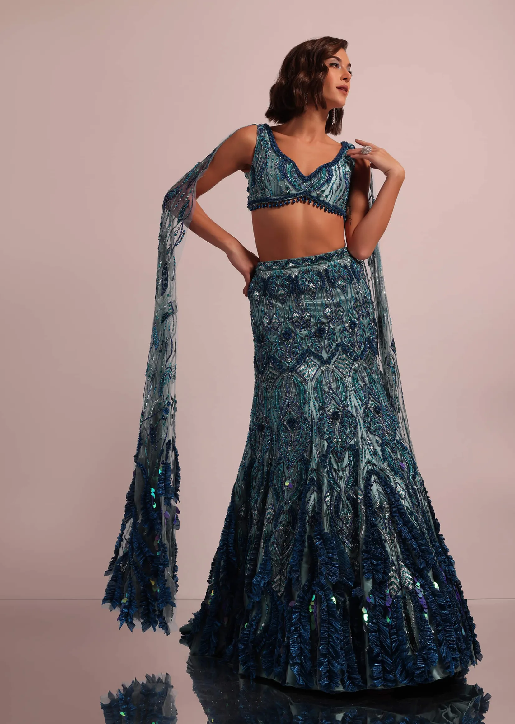 Blue Fish Cut Bridal Lehenga Set With Long Trail Sleeves And Heavy Embroidery