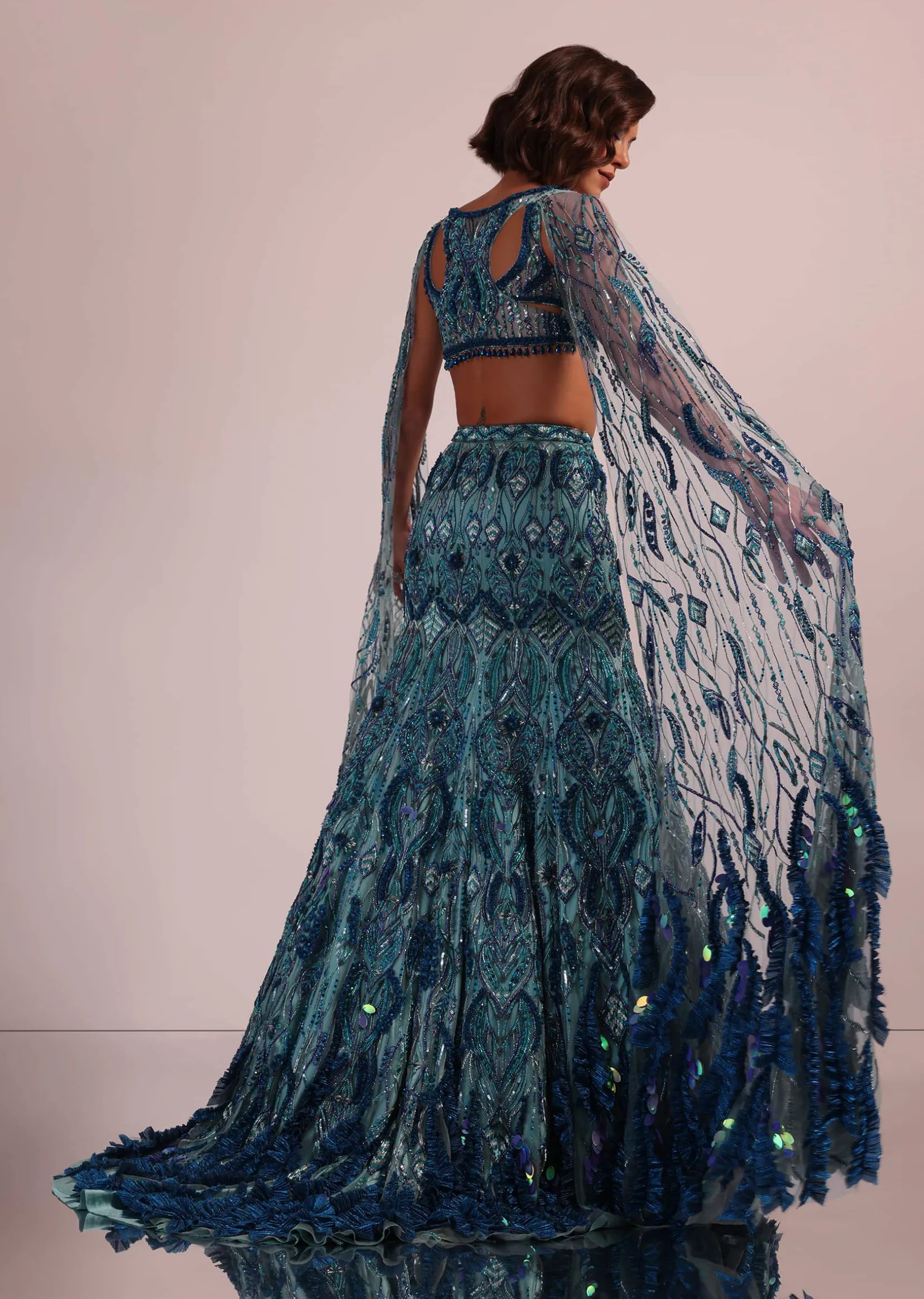 Blue Fish Cut Bridal Lehenga Set With Long Trail Sleeves And Heavy Embroidery