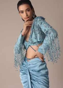 Blue Fish Cut Gathered Zardosi Draped Skirt And Tassel Jacket Set
