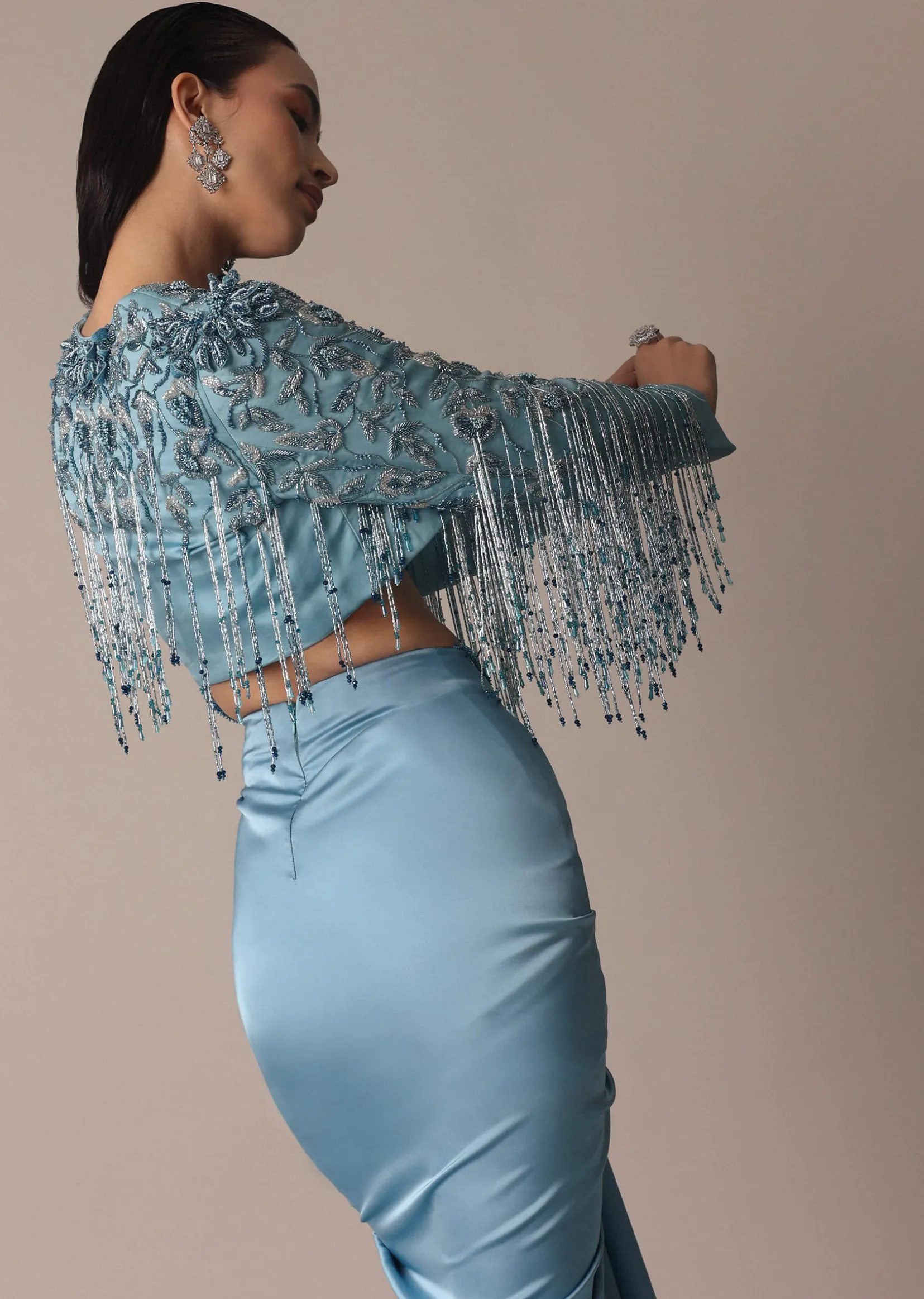 Blue Fish Cut Gathered Zardosi Draped Skirt And Tassel Jacket Set