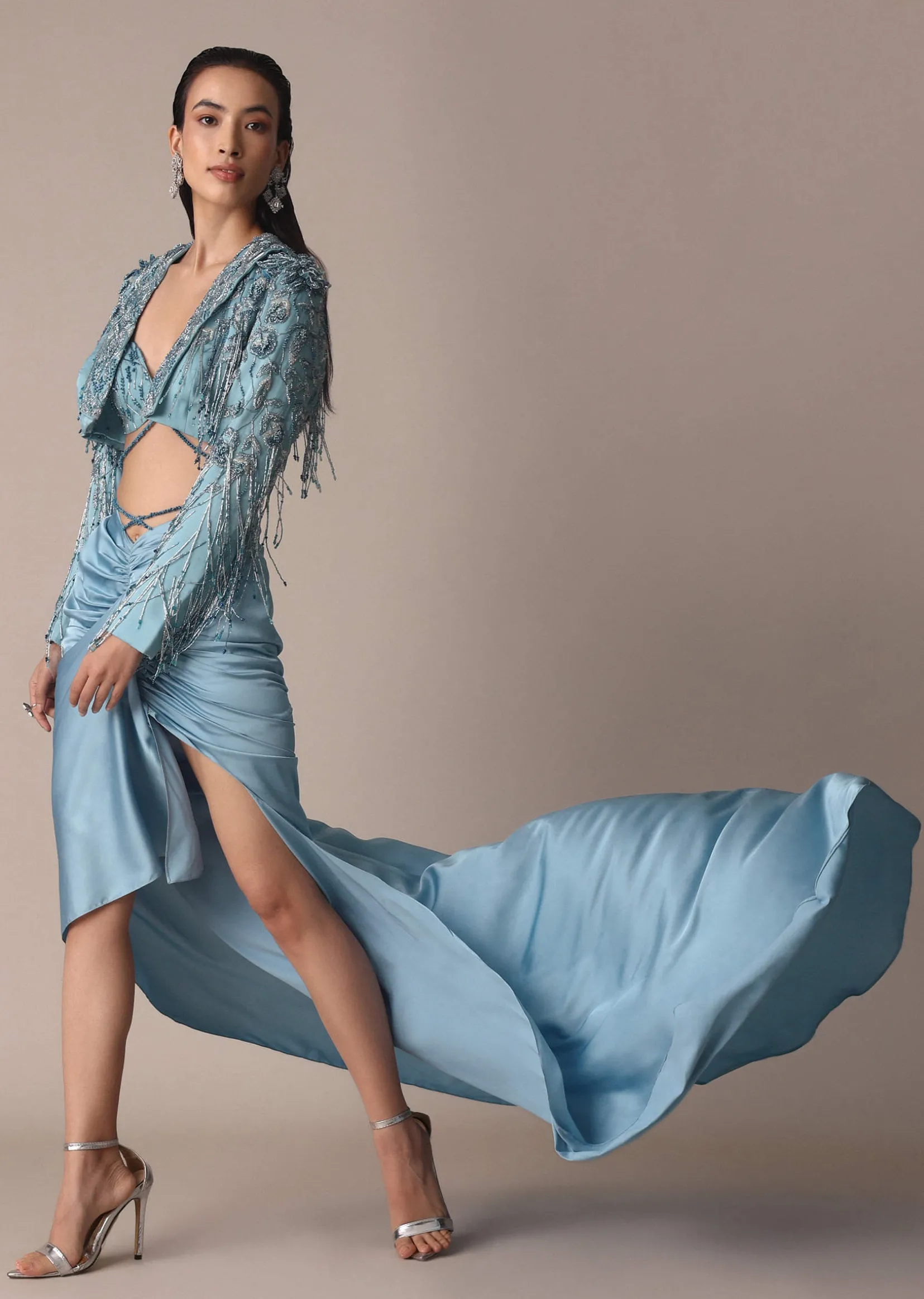 Blue Fish Cut Gathered Zardosi Draped Skirt And Tassel Jacket Set