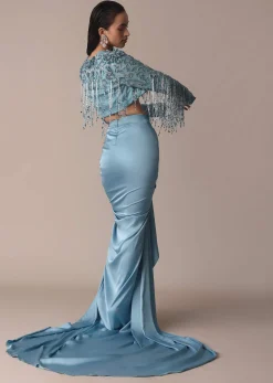 Blue Fish Cut Gathered Zardosi Draped Skirt And Tassel Jacket Set