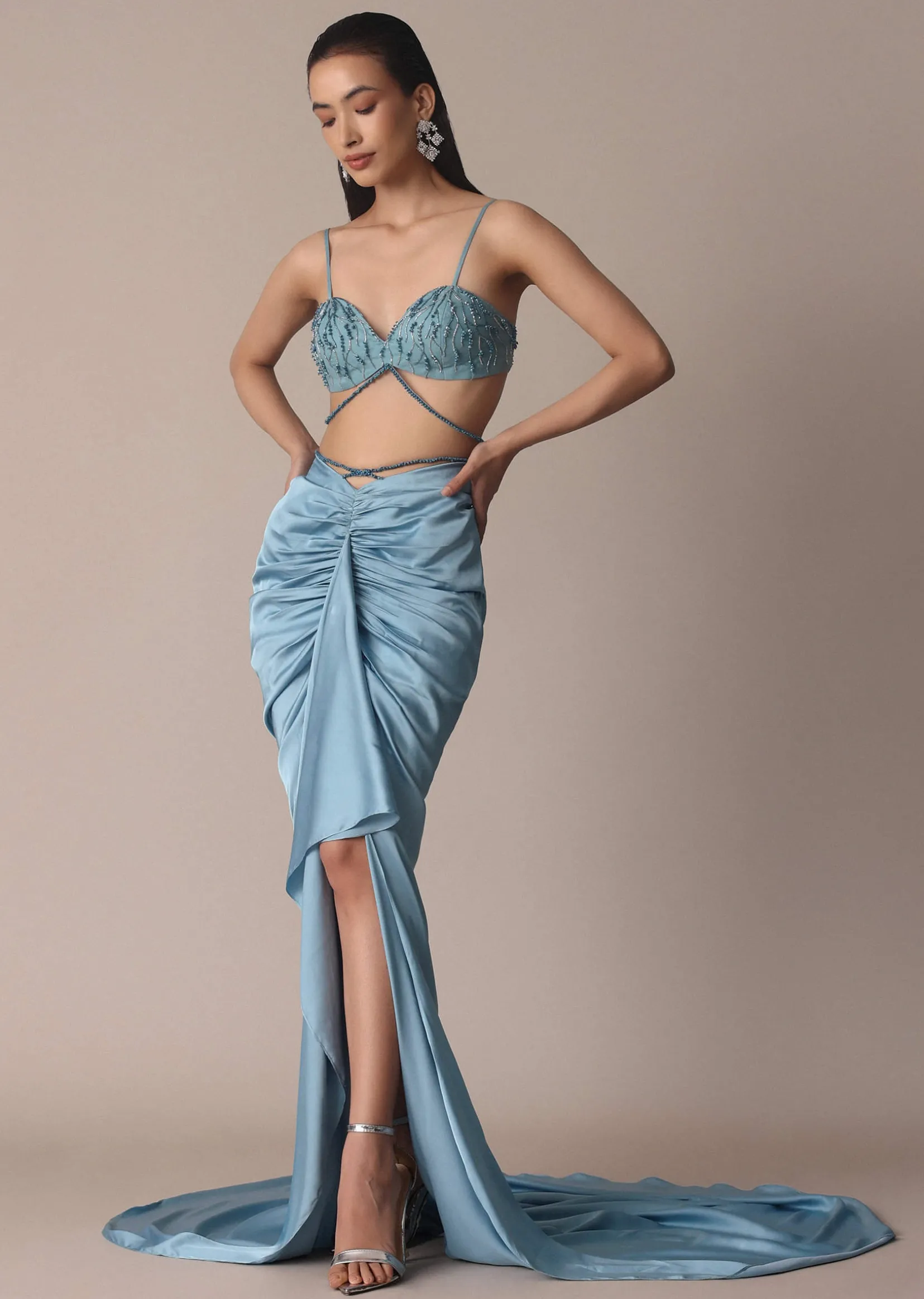 Blue Fish Cut Gathered Zardosi Draped Skirt And Tassel Jacket Set