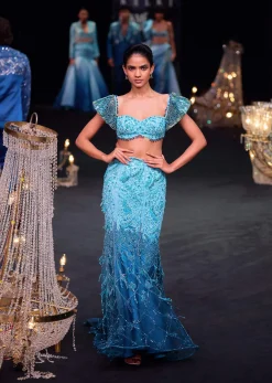 Blue Fish Cut Ombre Trail Skirt And Tassel Embellished Blouse