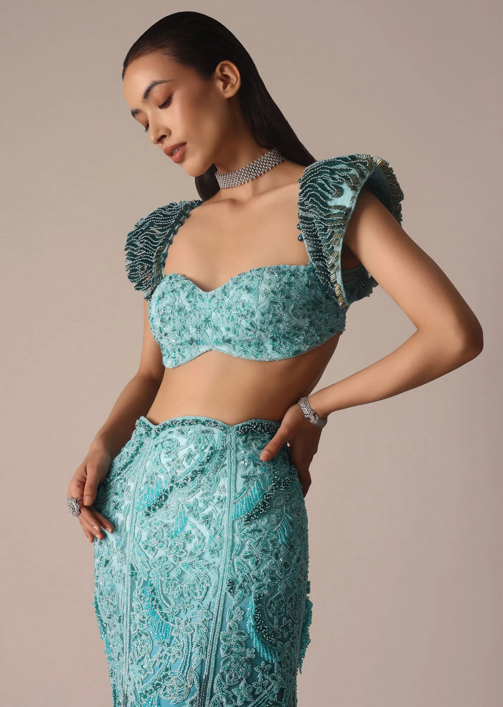 Blue Fish Cut Ombre Trail Skirt And Tassel Embellished Blouse
