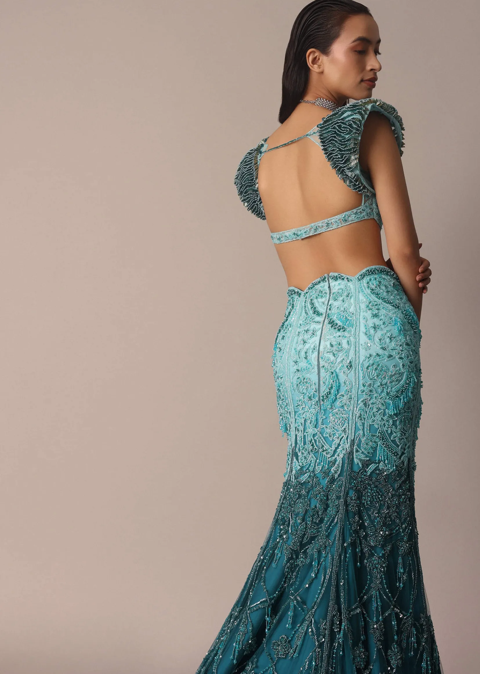 Blue Fish Cut Ombre Trail Skirt And Tassel Embellished Blouse