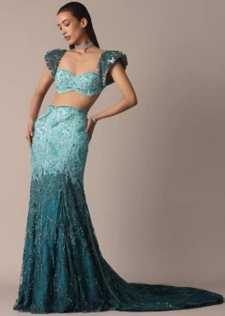 Blue Fish Cut Ombre Trail Skirt And Tassel Embellished Blouse