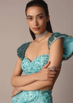 Blue Fish Cut Ombre Trail Skirt And Tassel Embellished Blouse