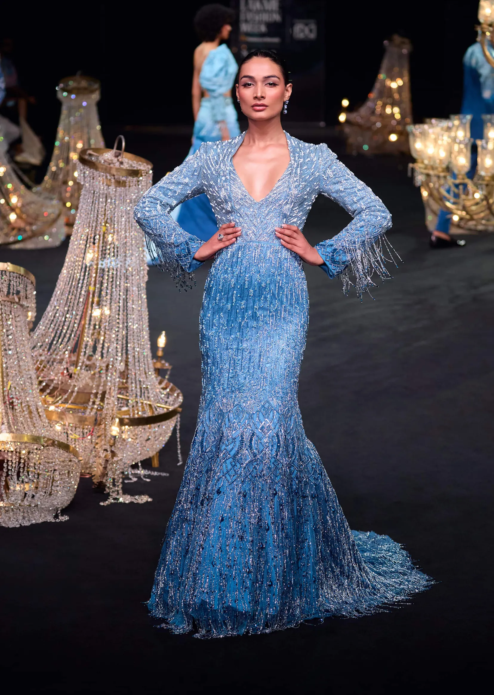 Blue Fish Cut Ombre Trail Embroidered Gown