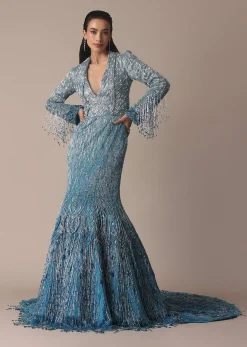 Blue Fish Cut Ombre Trail Embroidered Gown
