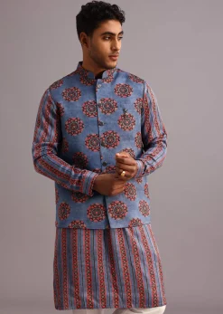 Blue Floral And Stripe Print Jacket Kurta Set In Silk