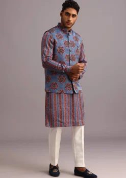 Blue Floral And Stripe Print Jacket Kurta Set In Silk