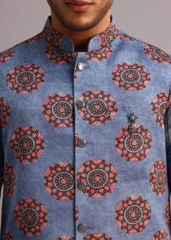 Blue Floral And Stripe Print Jacket Kurta Set In Silk