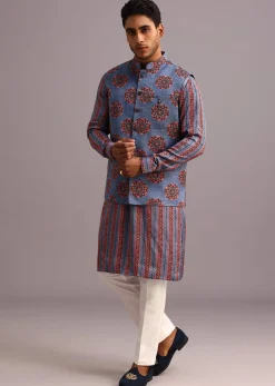 Blue Floral And Stripe Print Jacket Kurta Set In Silk