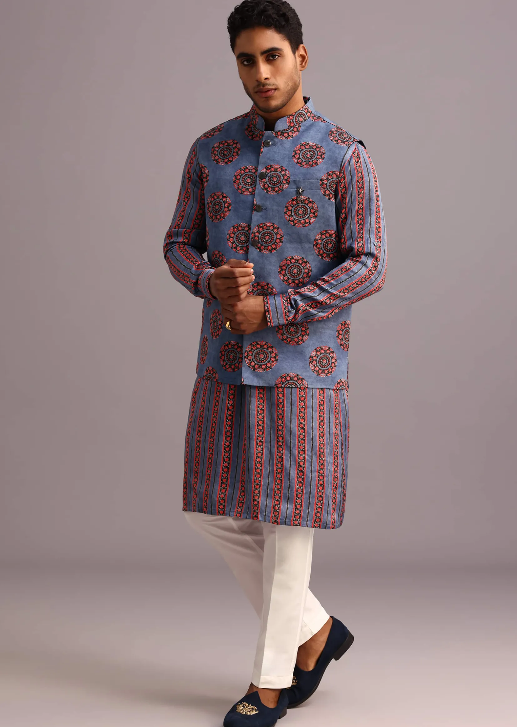 Blue Floral And Stripe Print Jacket Kurta Set In Silk