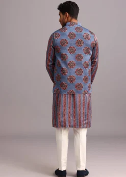 Blue Floral And Stripe Print Jacket Kurta Set In Silk