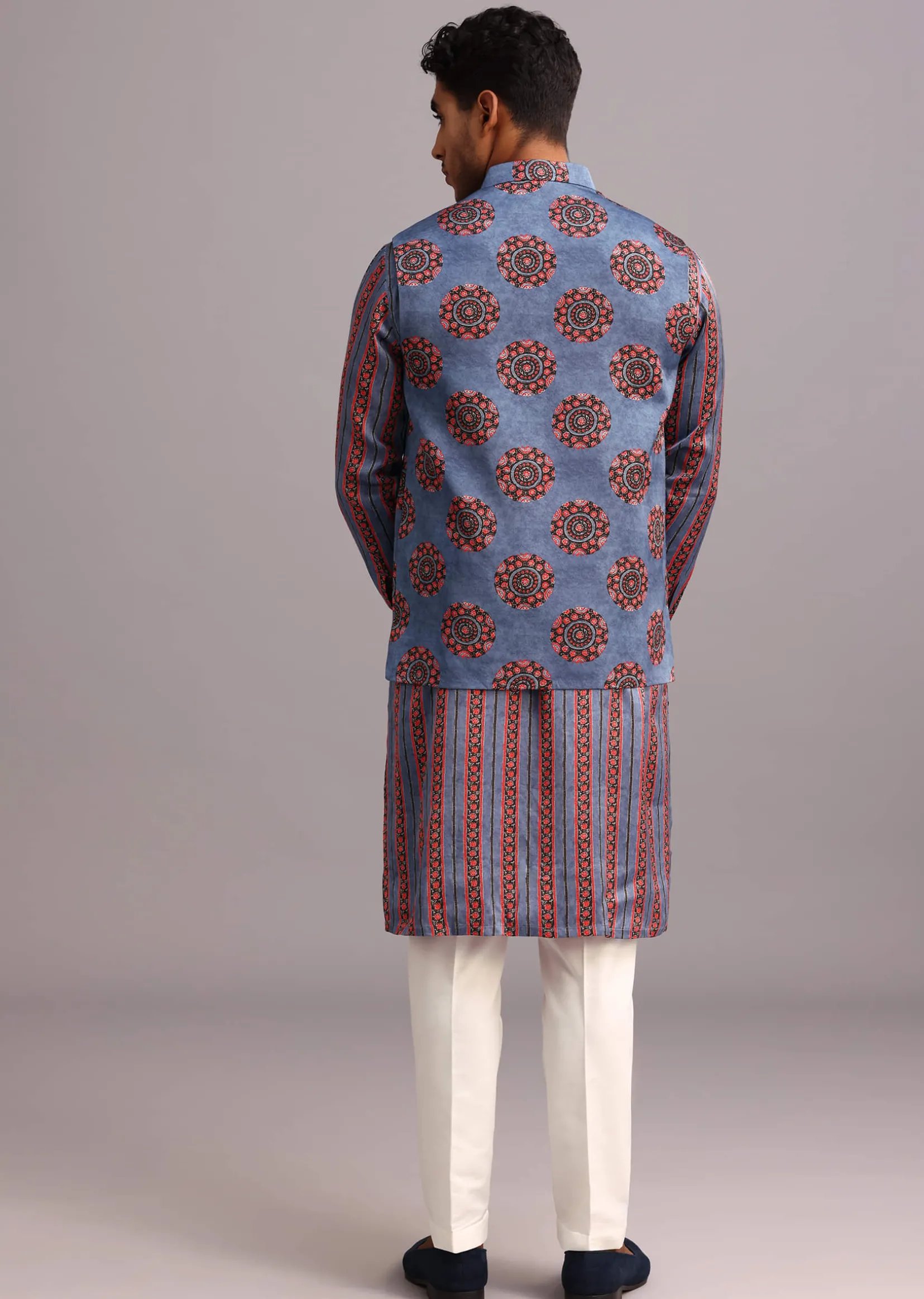 Blue Floral And Stripe Print Jacket Kurta Set In Silk