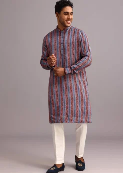 Blue Floral And Stripe Print Jacket Kurta Set In Silk