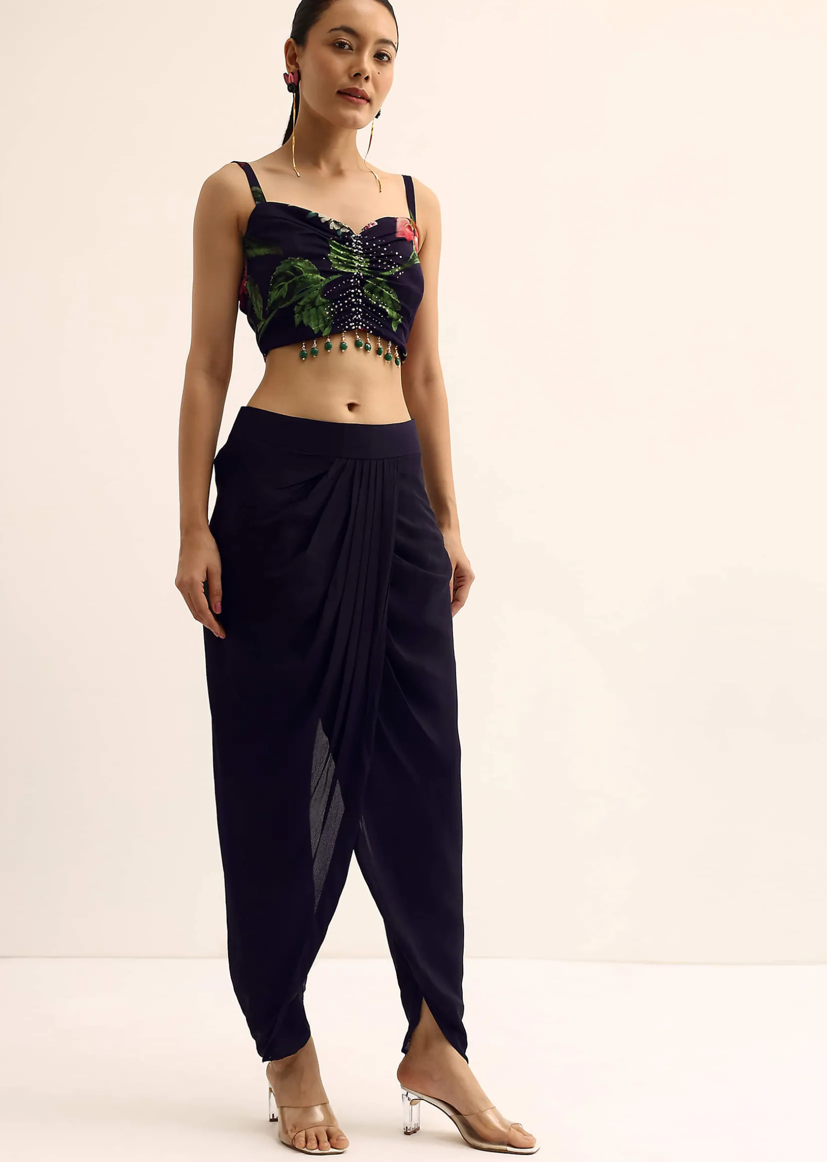 Blue Floral Crop Top And Dhoti Set