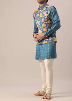 Blue Floral Print Jacket And Kurta Set In Silk