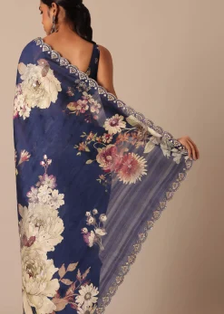 Blue Floral Print Tussar Silk Saree With Unstitched Blouse Piece