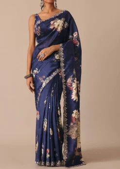 Blue Floral Print Tussar Silk Saree With Unstitched Blouse Piece