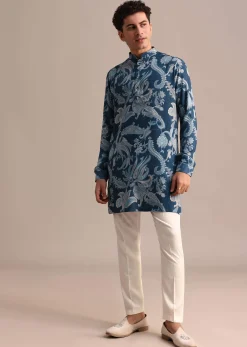 Blue Floral Printed Kurta For Men