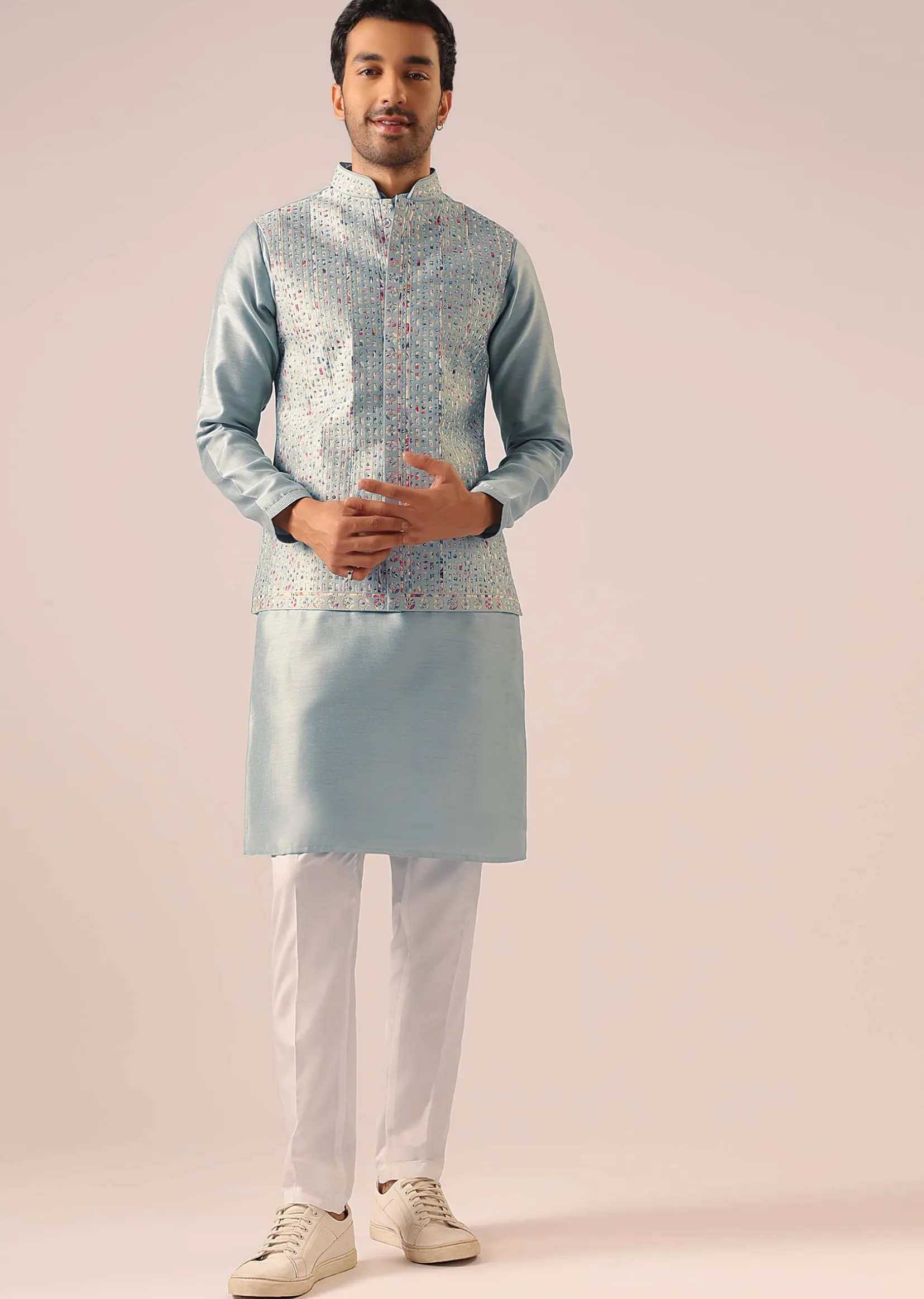 Blue Fusion Jacket Kurta Set with Cutwork