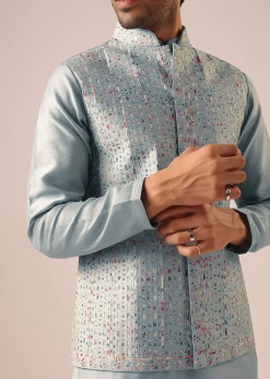 Blue Fusion Jacket Kurta Set with Cutwork