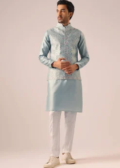 Blue Fusion Jacket Kurta Set with Cutwork