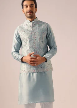 Blue Fusion Jacket Kurta Set with Cutwork