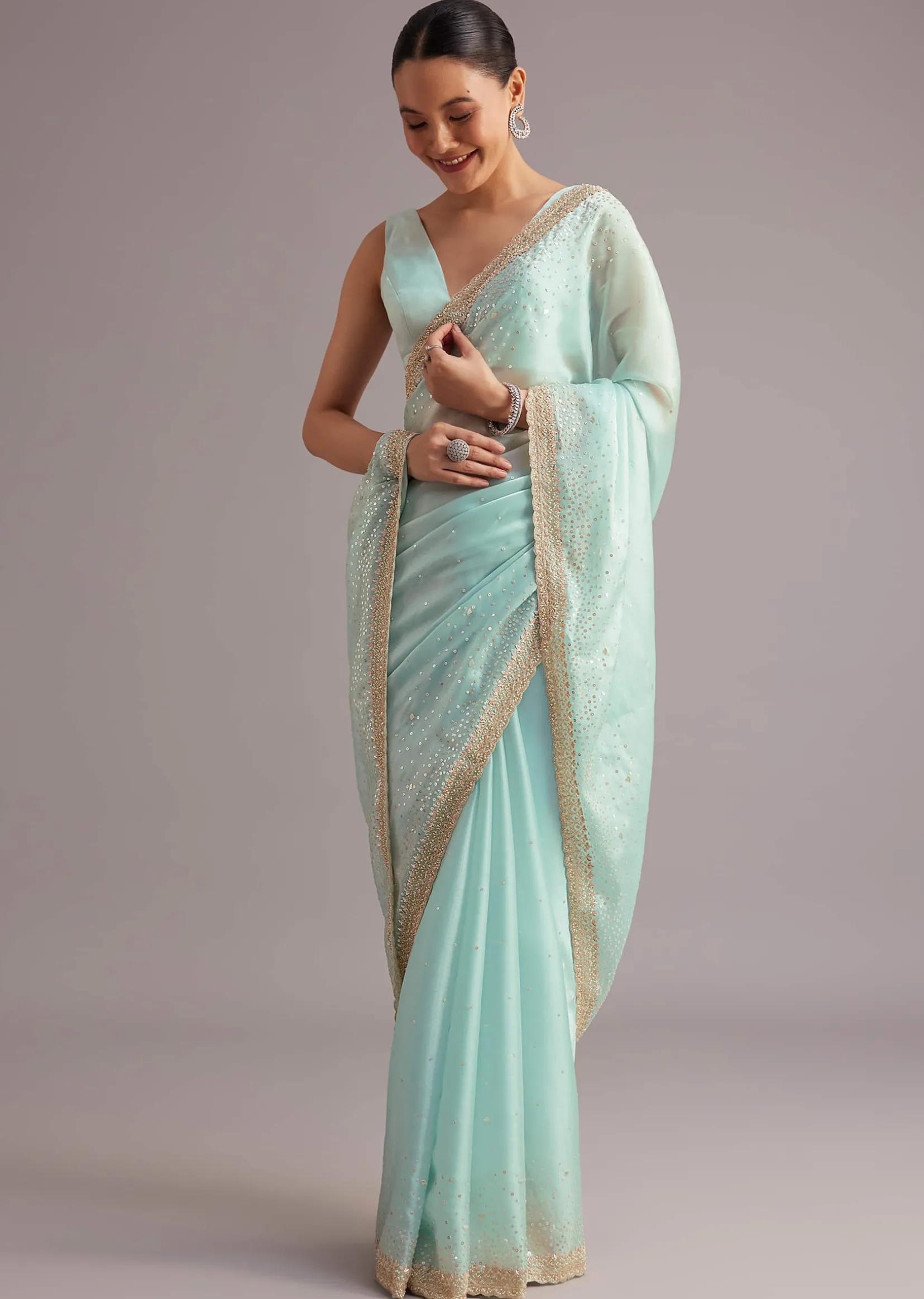 Blue Glass Tissue Saree With Cutdana Sequin And Beaded Embroidery