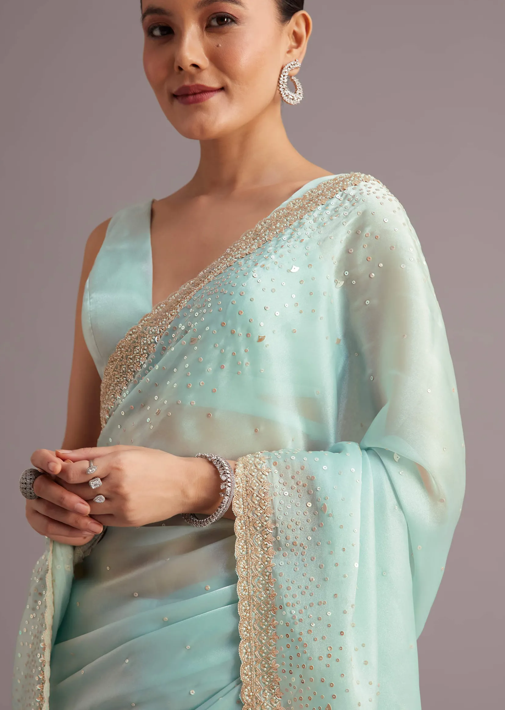Blue Glass Tissue Saree With Cutdana Sequin And Beaded Embroidery