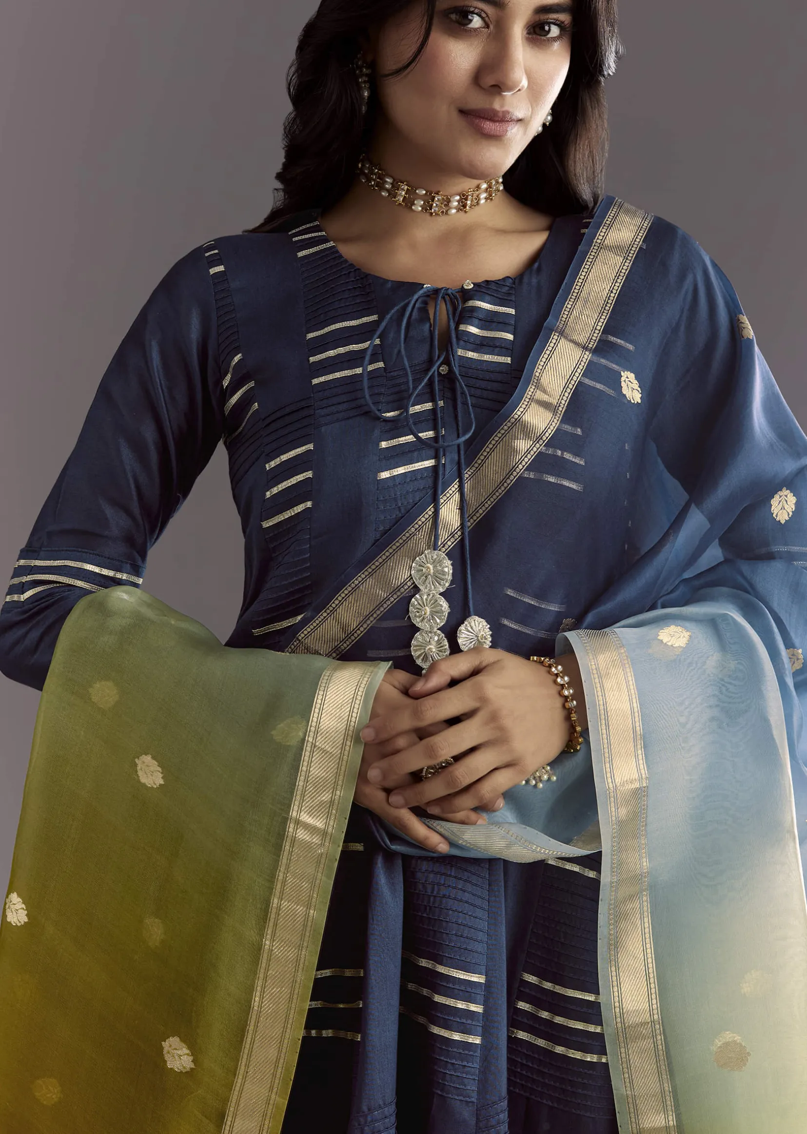 Blue Gotta Work Anarkali Suit With Ombre Organza Dupatta