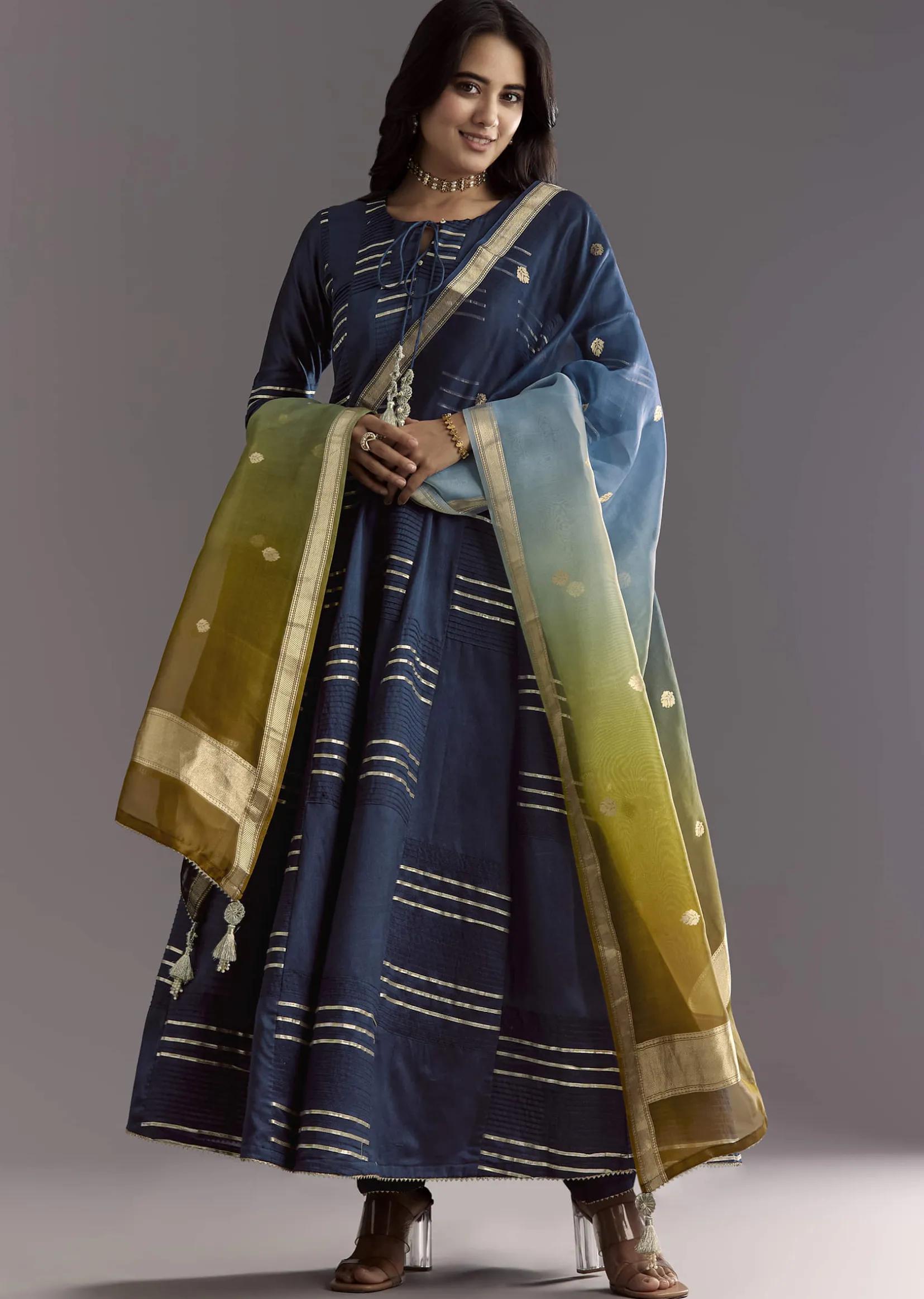 Blue Gotta Work Anarkali Suit With Ombre Organza Dupatta