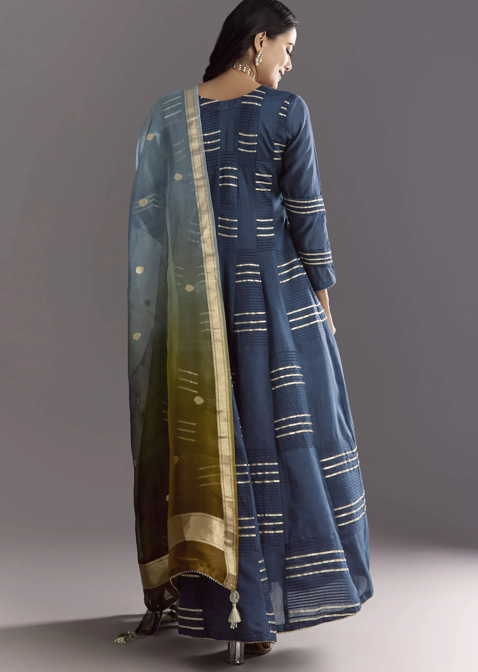 Blue Gotta Work Anarkali Suit With Ombre Organza Dupatta