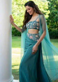 Blue Hand Embroidered Blouse And Drape Skirt With Cape