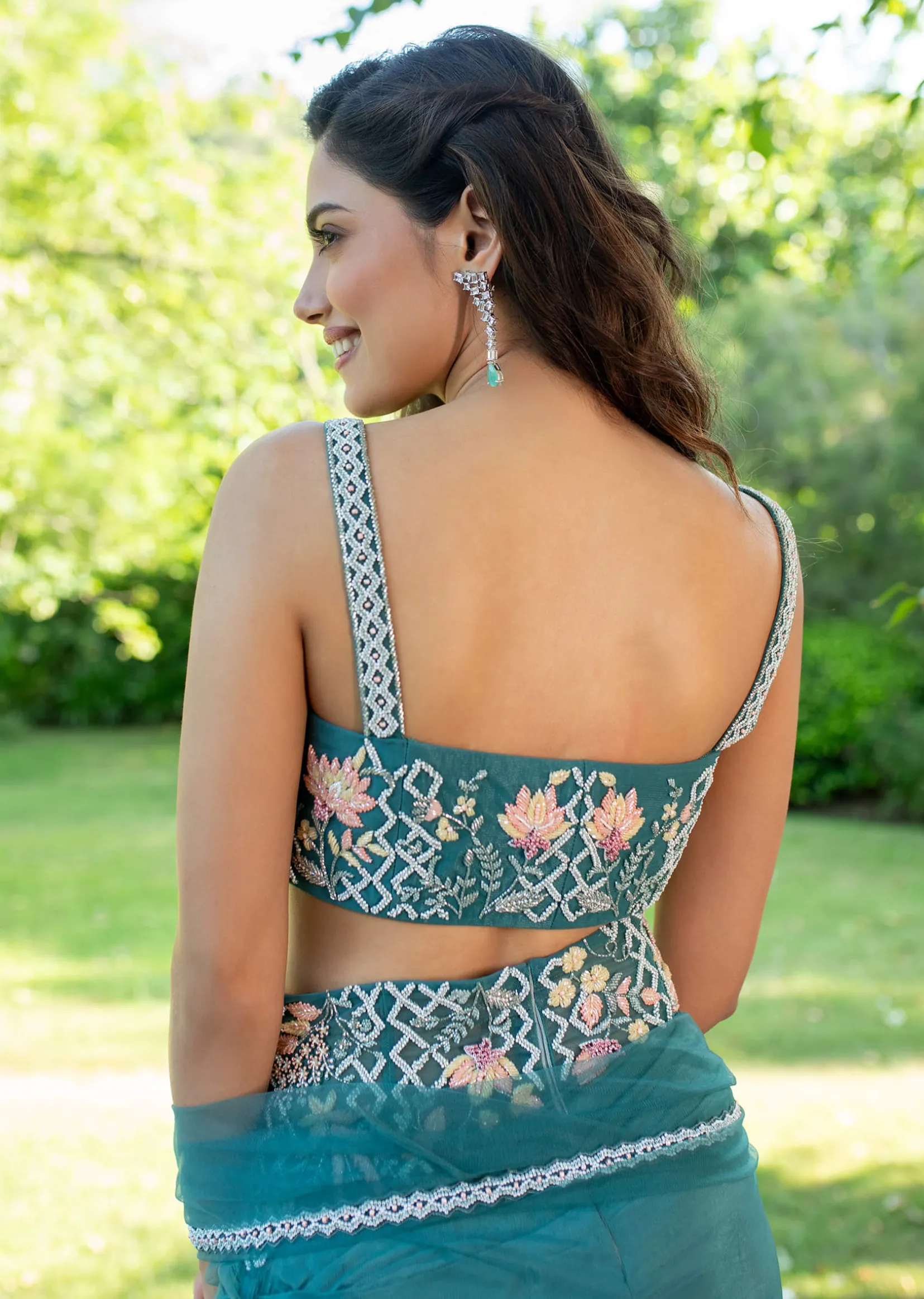 Blue Hand Embroidered Blouse And Drape Skirt With Cape