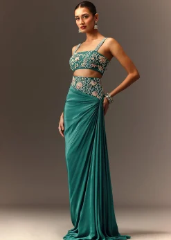 Blue Hand Embroidered Blouse And Drape Skirt With Cape
