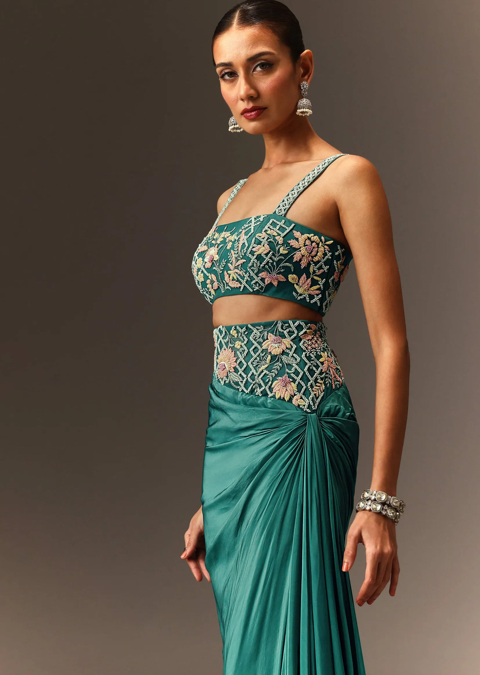 Blue Hand Embroidered Blouse And Drape Skirt With Cape