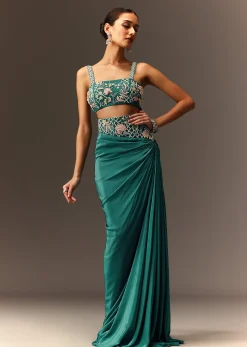 Blue Hand Embroidered Blouse And Drape Skirt With Cape