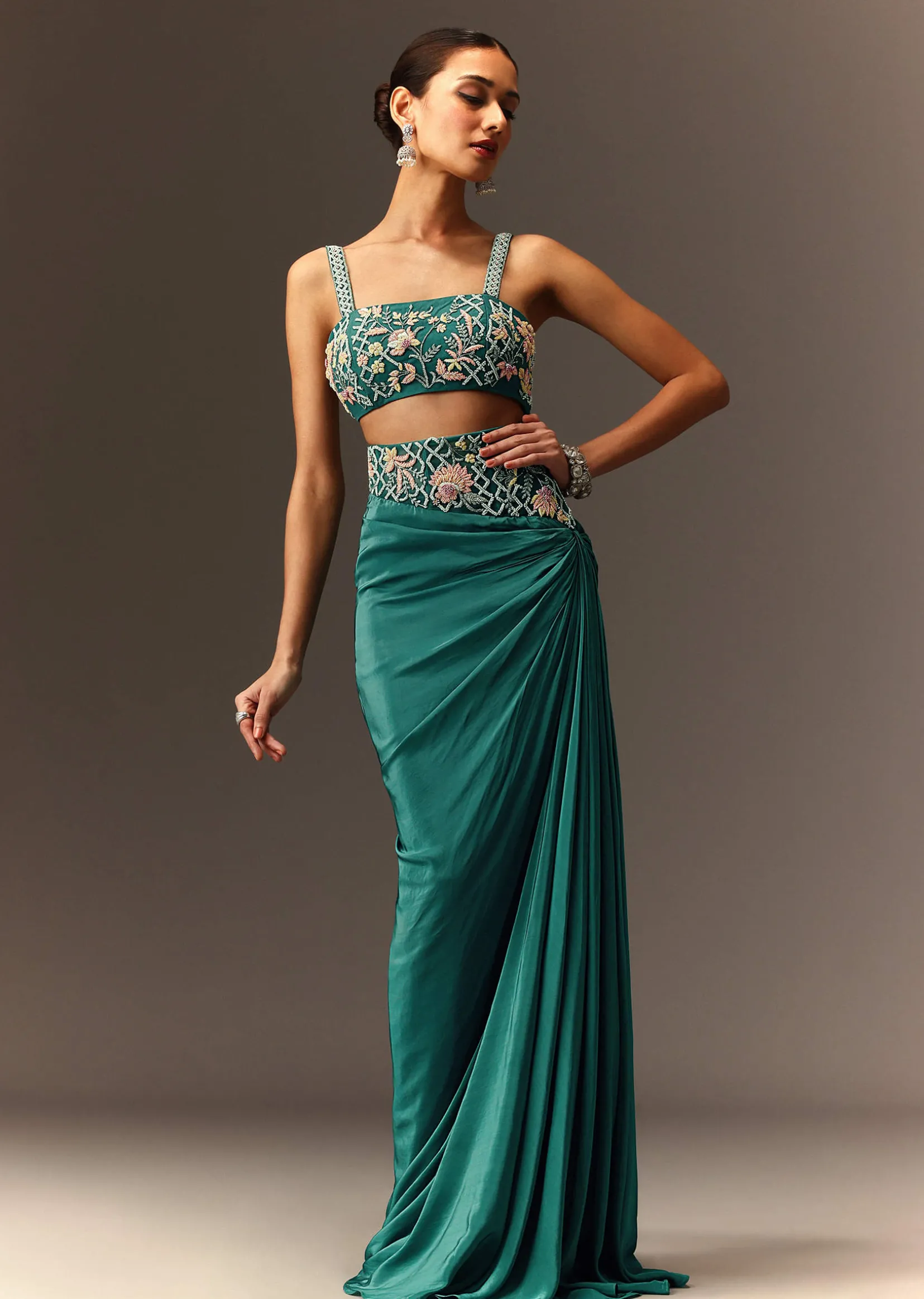 Blue Hand Embroidered Blouse And Drape Skirt With Cape