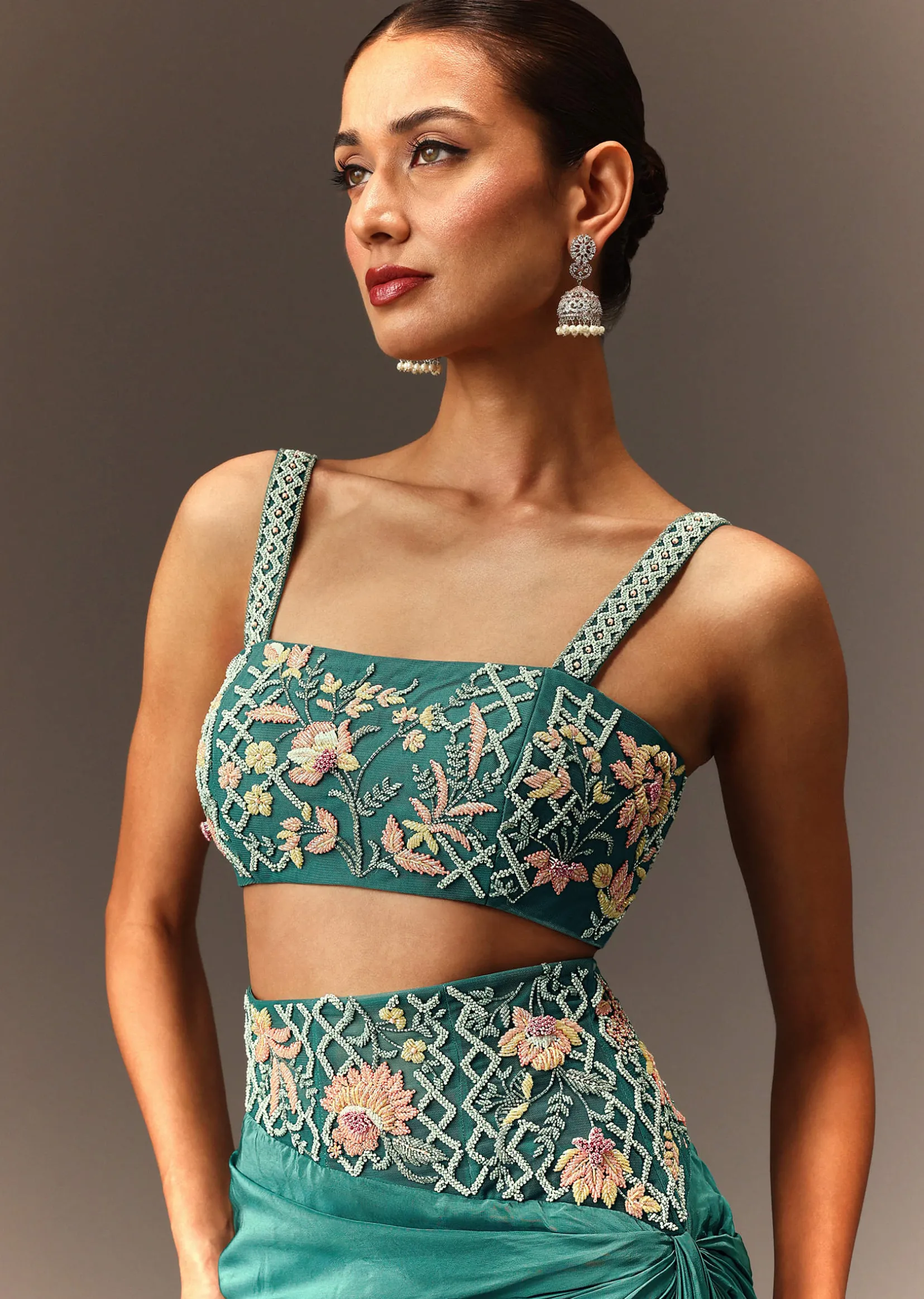 Blue Hand Embroidered Blouse And Drape Skirt With Cape