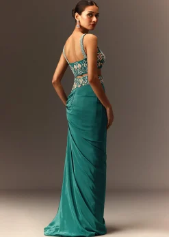 Blue Hand Embroidered Blouse And Drape Skirt With Cape