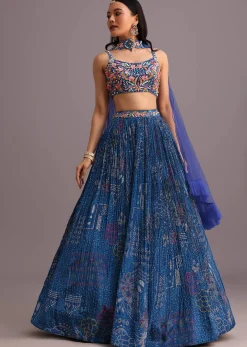 Blue Hand Embroidered Choli With Bandhani Print Lehenga And Choker Net Dupatta