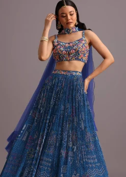 Blue Hand Embroidered Choli With Bandhani Print Lehenga And Choker Net Dupatta