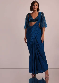 Blue Hand Embroidered Ready Pleated Saree And Blouse In Crepe