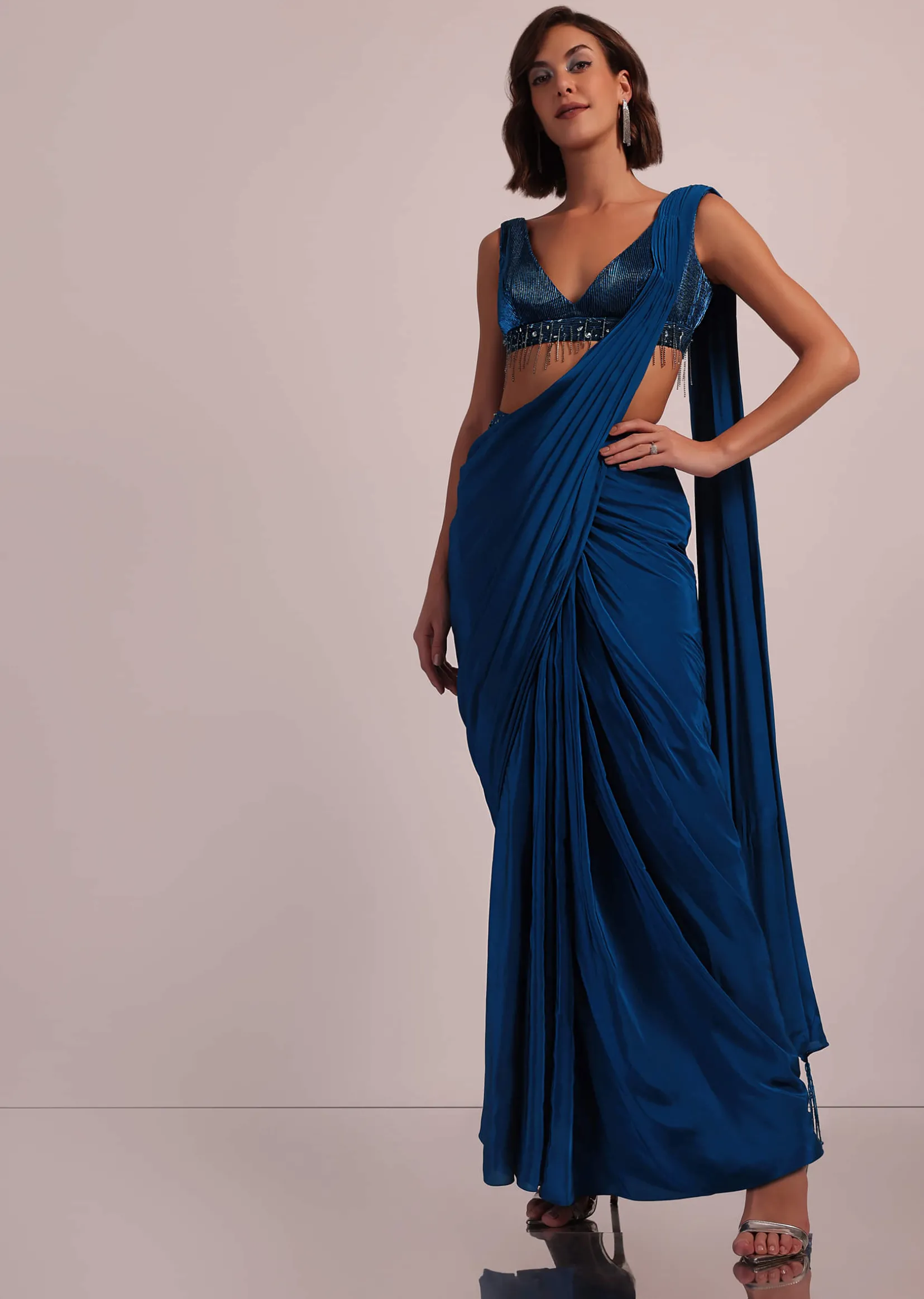 Blue Hand Embroidered Ready Pleated Saree And Blouse In Crepe