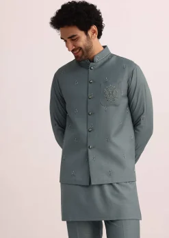 Blue Jacket and Kurta Set With Cutwork Detail