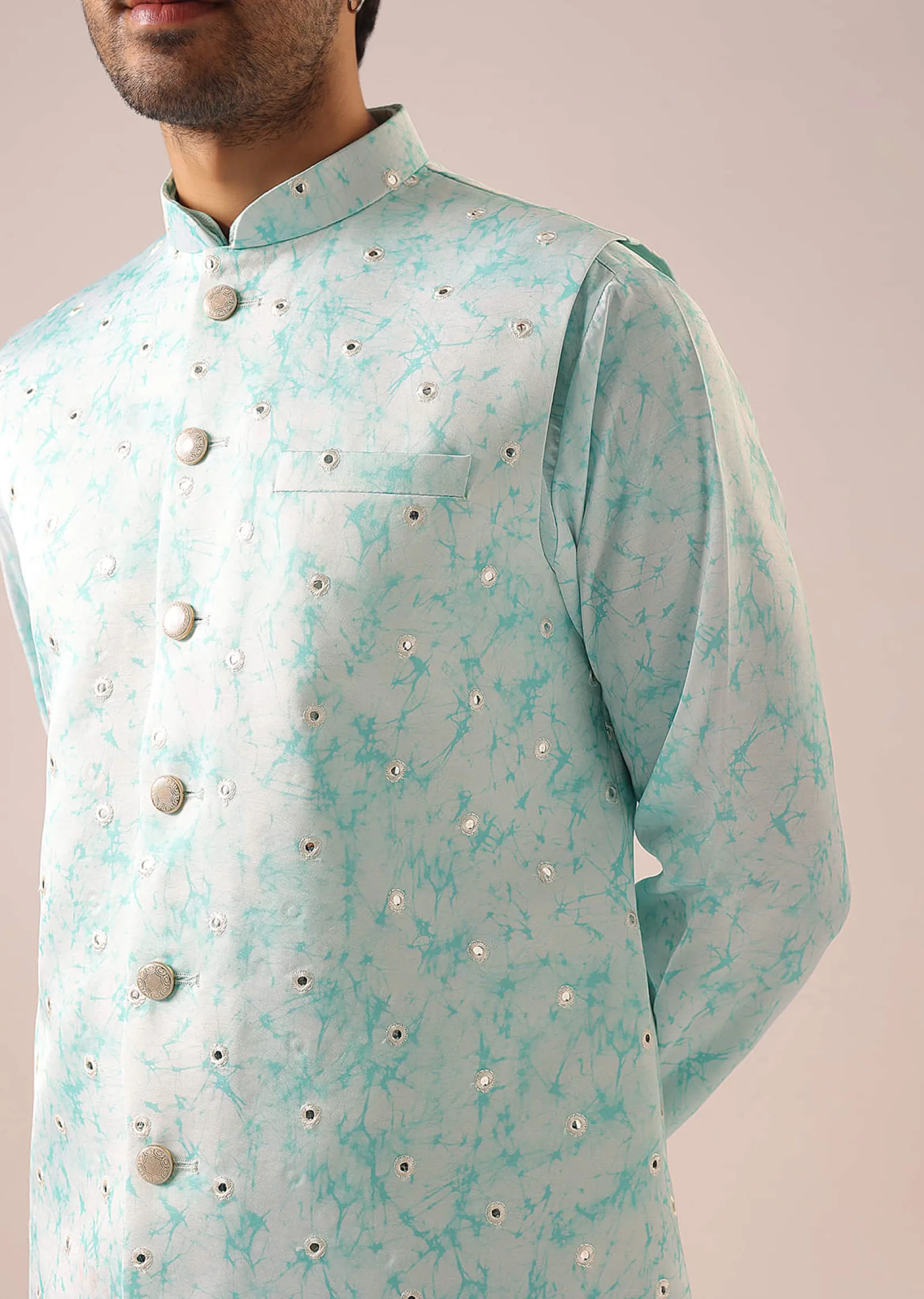 Blue Jacket And Kurta Set with Tie Dye And Mirror Work